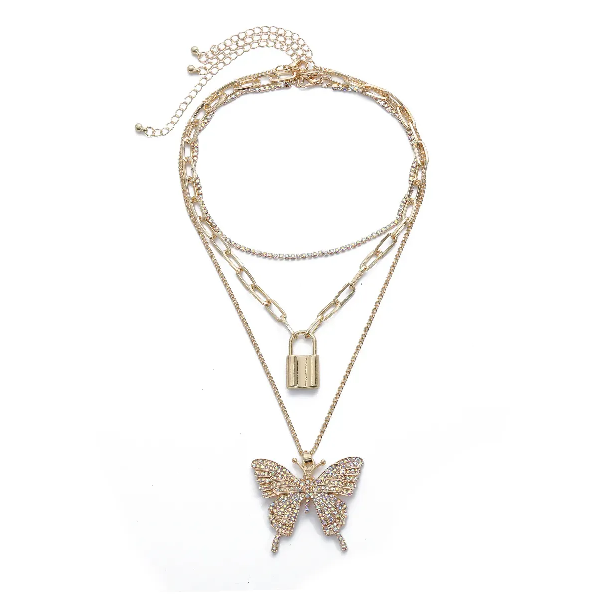 Iced Out Chains Butterfly Necklaces Gold Women Link Tennis Chain Bling Crystal Rhinestone Animal Lock Pendant Fashion_ipsvogv.com