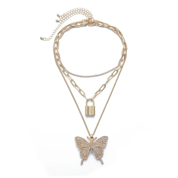 Iced Out Chains Butterfly Necklaces Gold Women Link Tennis Chain Bling Crystal Rhinestone Animal Lock Pendant Fashion_ipsvogv.com