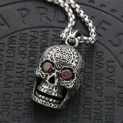 Japanese Korean Versions Of Rock Singer Rap Hip-hop Red Eye Skull Pendant Titanium Steel Men's And Women's Necklace_ipsvogv.com