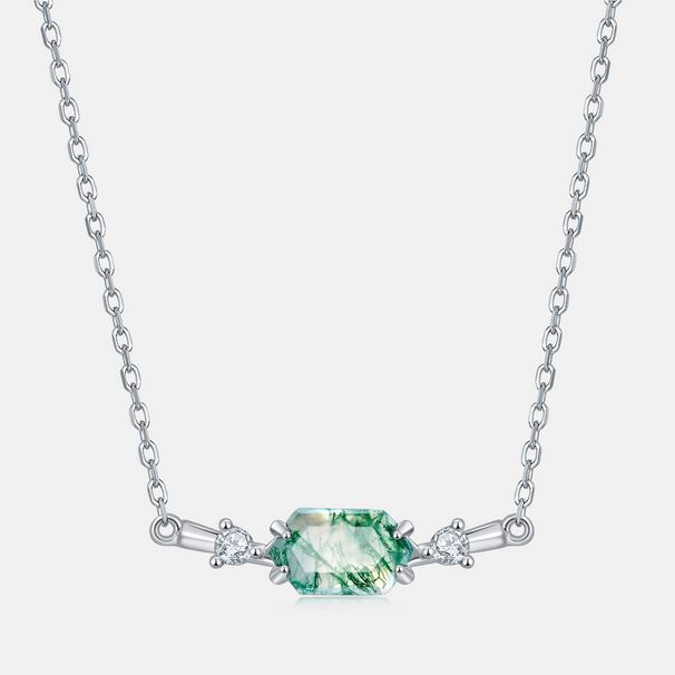 Geometric natural water grass agate necklace female S925 silver claw inlaid green moss clavicle chain retro_ipsvogv.com