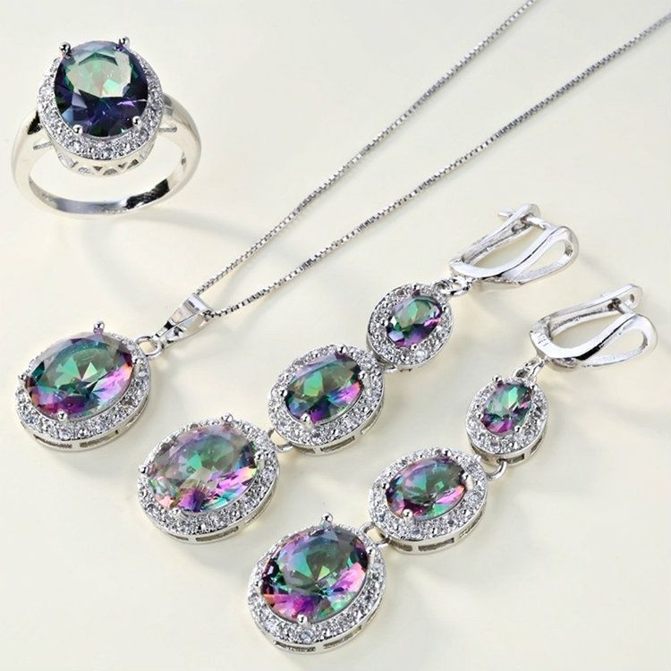 hot selling colorful stone necklace pendant ring earring trendy color four piece set hot selling_ipsvogv.com