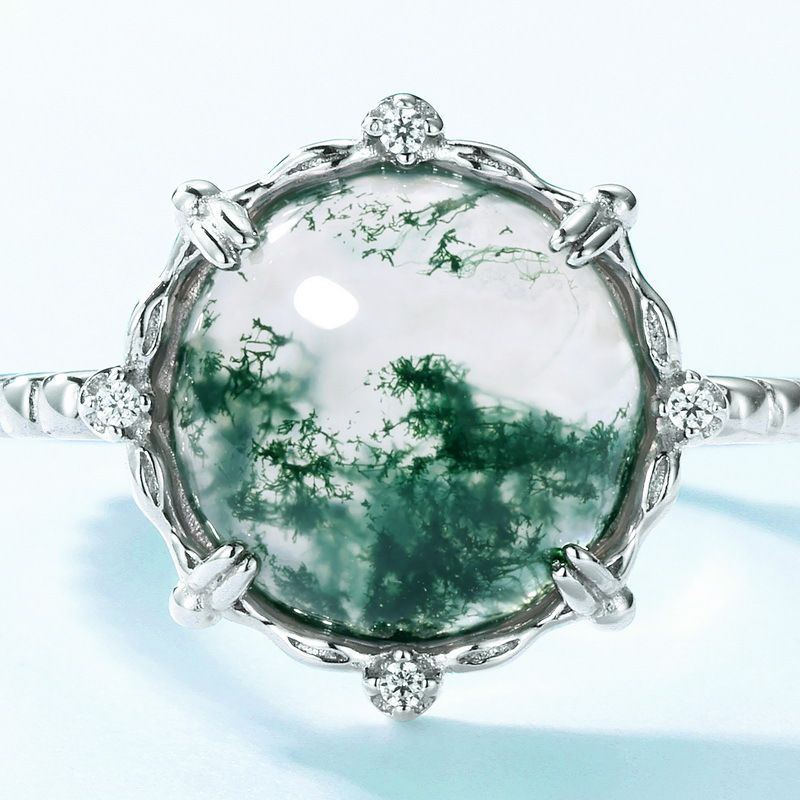 Personality Charm Water Grass Agate Ring S925 Silver Natural Green Moss Stone Fashion Finger Ring Atmosphere_ipsvogv.com