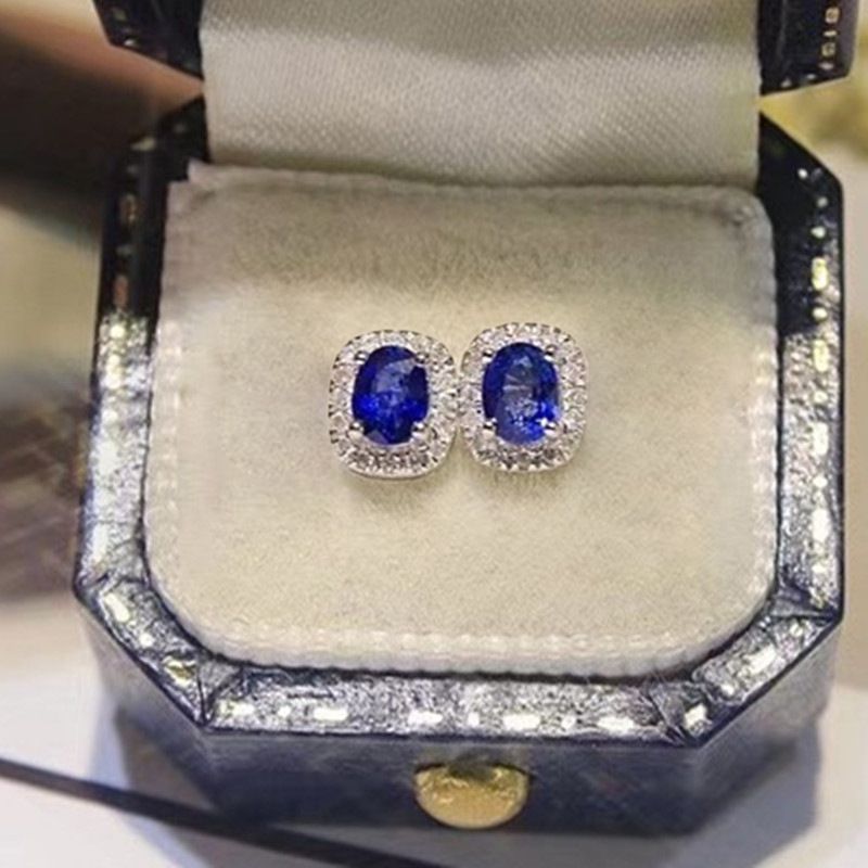 Cao Shi Court French Elegant Small Earrings, Copper Set With Four Claws, Oval Shaped Sapphire Blue Zircon Mini Earrings_ipsvogv.com