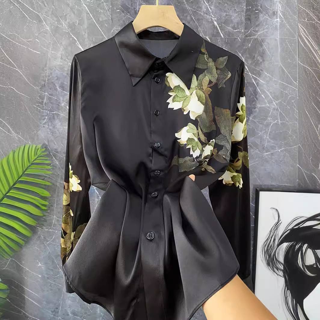 Women's Clothing Retro black printed silk top mulberry silk long sleeve shirt_ipsvogv.com