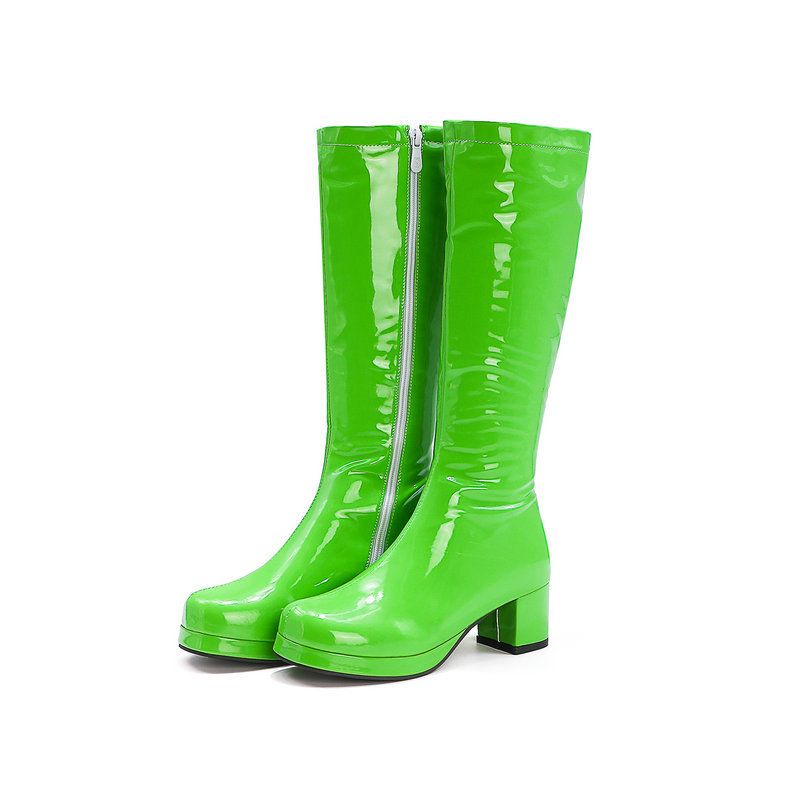 Women's Shoes autumn and winter new thick heel medium heel women's boots patent leather high boots square toe boots white side zipper pole dance boots_ipsvogv.com