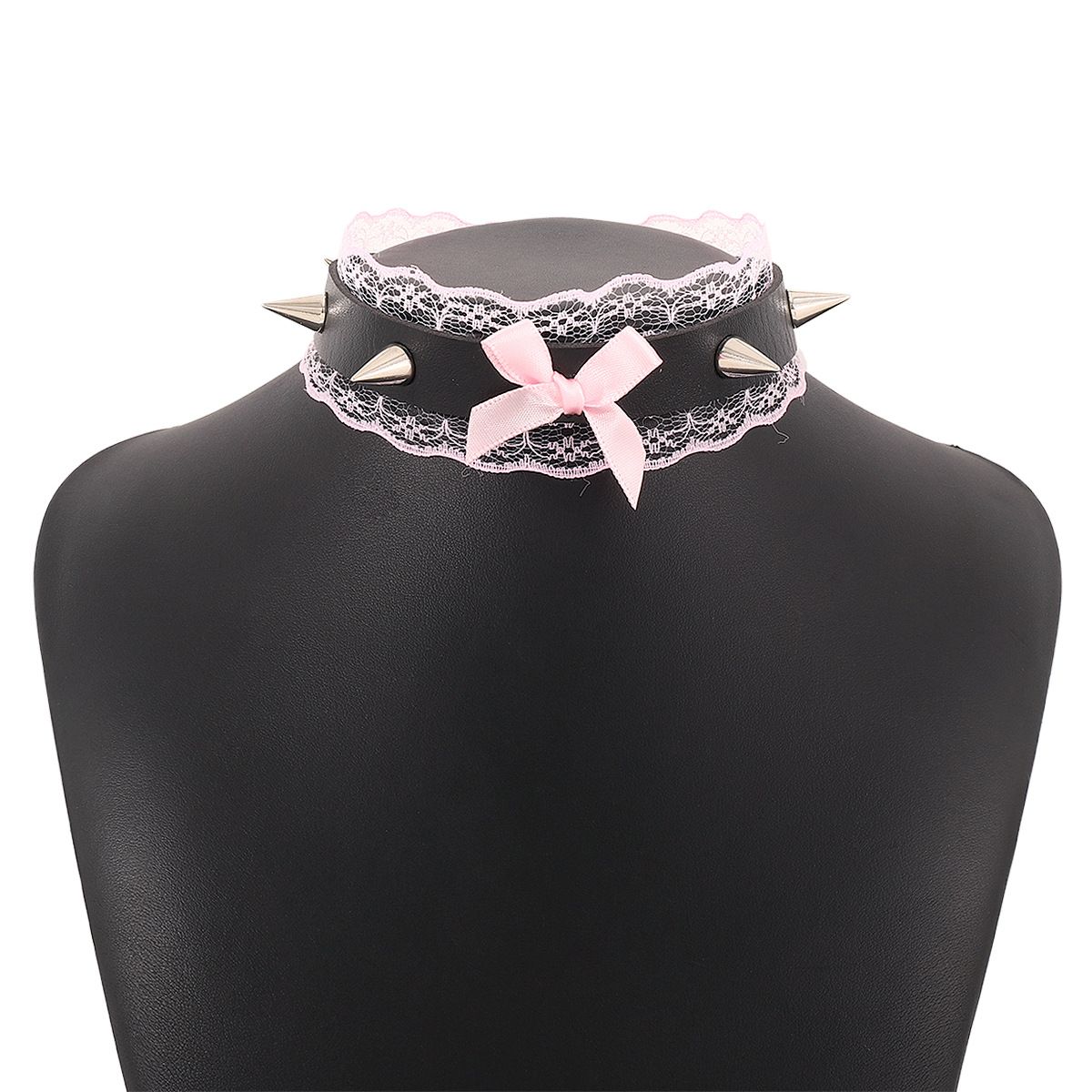 N10283 Exaggerated Punk Sexy Neckchain Rivet Lace Bow PU Collar Short Nightclub Necklace_ipsvogv.com