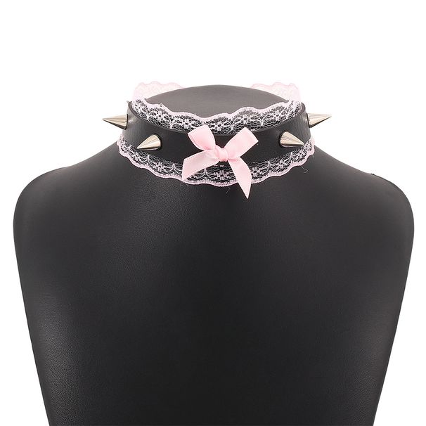 N10283 Exaggerated Punk Sexy Neckchain Rivet Lace Bow PU Collar Short Nightclub Necklace_ipsvogv.com