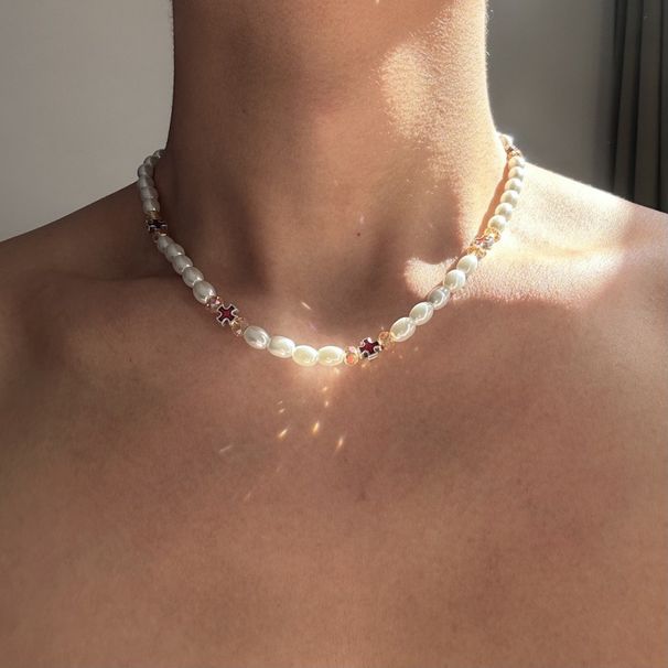 Red Cross Collarbone Chain, Men's High-end Feel, Colorful Niche Design Accessories, Pearl Necklace, Versatile And Trendy_ipsvogv.com