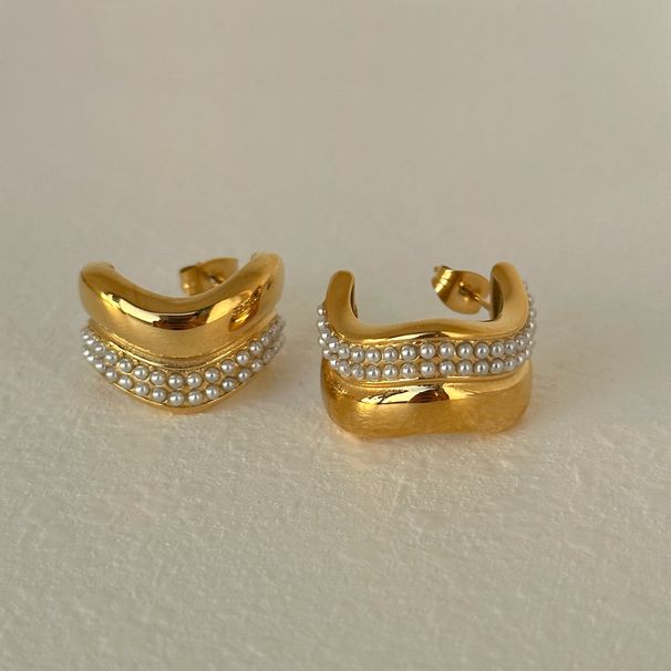 INS Fashionable INS Retro Titanium Steel Row Diamond Zircon Wave Snake Shaped Pearl Earrings_ipsvogv.com