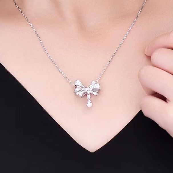 Designer's Full Diamond Zircon Bow Pendant Droplet Simple And Versatile Necklace With Women's Collar Chain New Neckchain Simple_ipsvogv.com