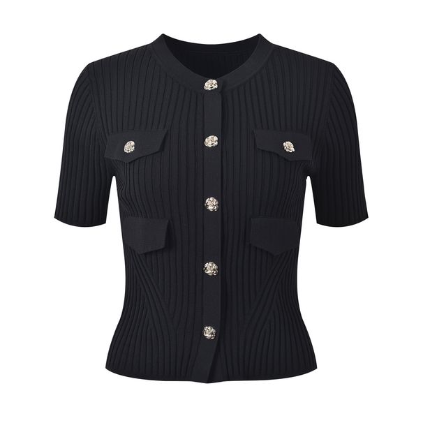 Women's Clothing French Cstyle round neck flower button short sleeve top design flower chain high waist slim pleated skirt_ipsvogv.com