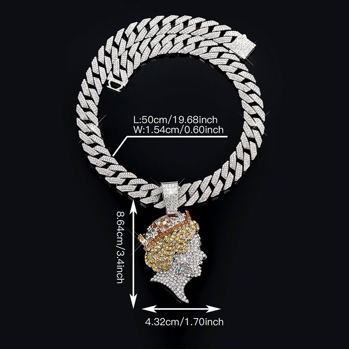 Set Of Fashion Hip-Hop Queen Avatar Long Layered Full Diamond Cuban Chain Necklace_ipsvogv.com