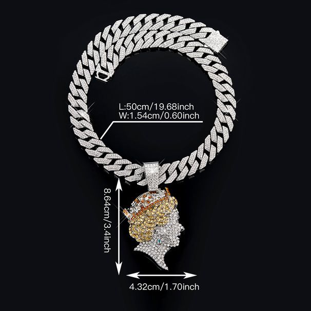Set Of Fashion Hip-Hop Queen Avatar Long Layered Full Diamond Cuban Chain Necklace_ipsvogv.com