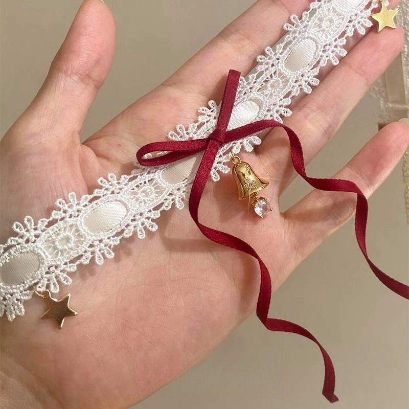 French Style White Lace Bow Ribbon Necklace High-Value Christmas Bell Choker Clavicle Chain_ipsvogv.com