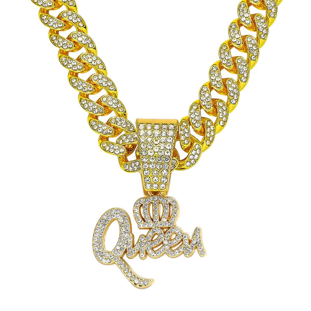 New hip-hop zinc alloy crown QUEEN letter full diamond pendant with temperament and personality necklace jewelry_ipsvogv.com