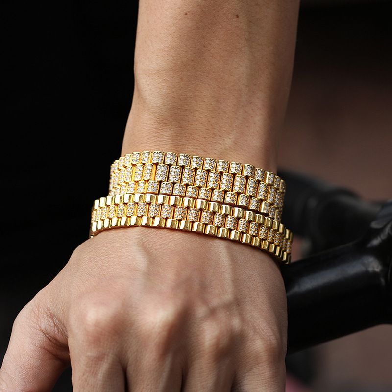 Hip Hop Jewelry Men's Micro Paved Three Rows Zircon Steel Band Exquisite Watch Chain Accessories_ipsvogv.com