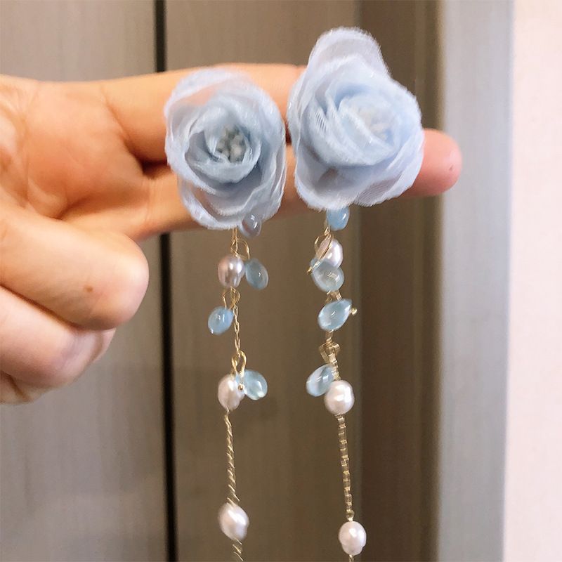 Women’s Jewelry Set Fashion Blue Series Ins Style Design Fairy Blue Silk Flower Bud Gravel Earrings Tassel Atmosphere Earrings Small Fragrance Style_ipsvogv.com