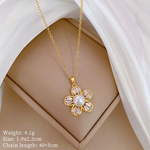【 Titanium Steel 】 Necklace Earring Light Luxury Full Diamond Five Leaf Flower Pearl Personalized Temperament Banquet_ipsvogv.com