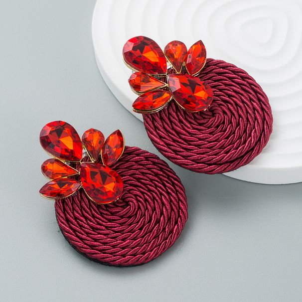Fashionable And Trendy Exaggerated Earrings, Alloy Colored Rhinestone Polyester Elastic Thread Woven Round Earrings_ipsvogv.com