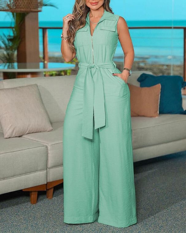 Women's Clothing women's elegant shirt collar sleeveless solid color zipper strap wide leg jumpsuit_ipsvogv.com