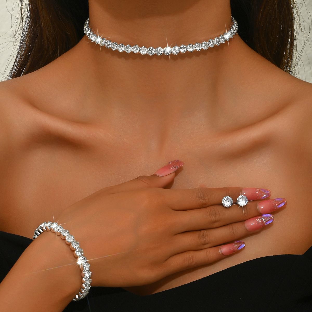 Women’s Jewelry Set Fashion Wedding Bridal Jewelry Single Row Diamond Full Diamond Necklace Bracelet Earrings Three Piece Set Wedding Accessories_ipsvogv.com