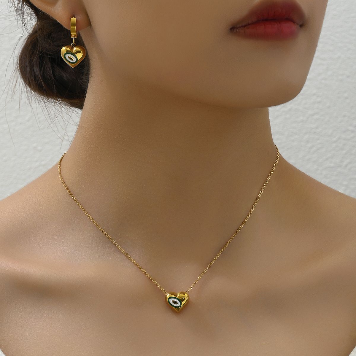 Ins Fashion Commuter Style Personalized Necklace Earring Set with Love Drip Oil Design, High Grade Ear Buckle, Versatile_ipsvogv.com