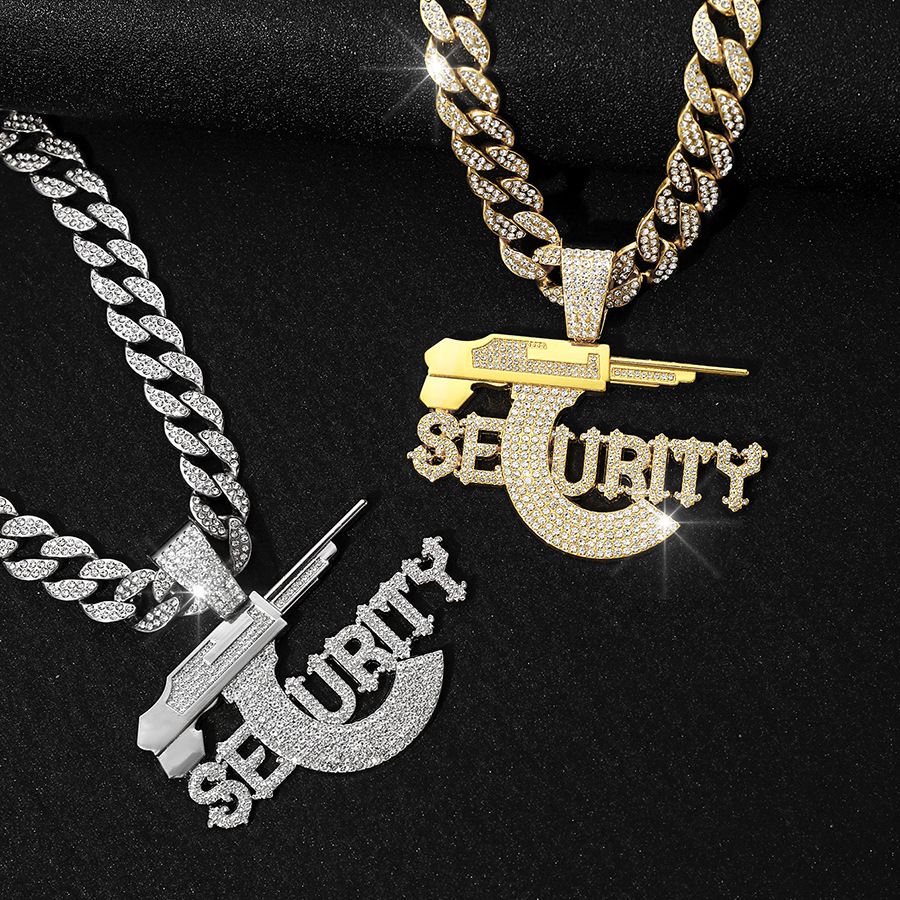 Cuban Chain Sniper Rifle Necklace Hot Selling 3D Diamond Studded Letters SEURITY Gun Pendant_ipsvogv.com