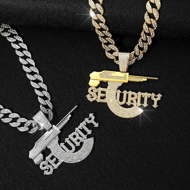 Cuban Chain Sniper Rifle Necklace Hot Selling 3D Diamond Studded Letters SEURITY Gun Pendant_ipsvogv.com