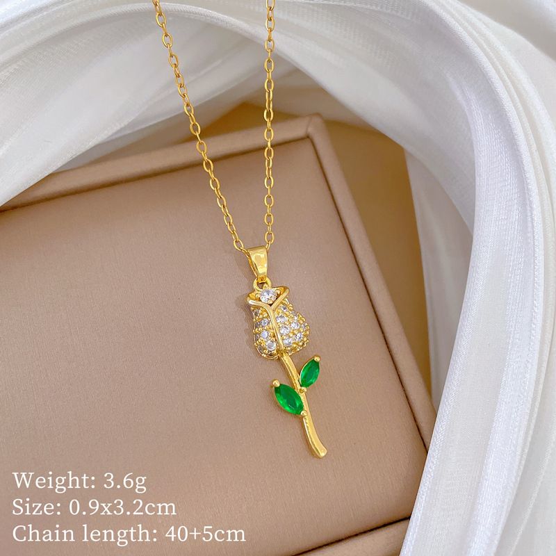 Green 【 】 Leaf Rose Light Luxury Charm Gorgeous Full Diamond Necklace Women's Versatile Clavicle Chain Titanium Steel 【 】_ipsvogv.com