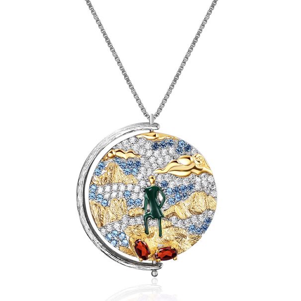 Italian Craft Abstract Pattern Vintage Jewelry Designer Necklace S925 Silver Inlaid Colored Gemstone Necklace Pendant_ipsvogv.com