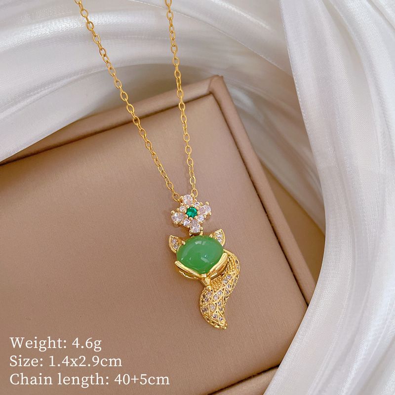 【 Titanium Steel 】 Zircon Green Fox Light Luxury Temperament Gorgeous Full Diamond Necklace Women's Versatile Collarbone_ipsvogv.com