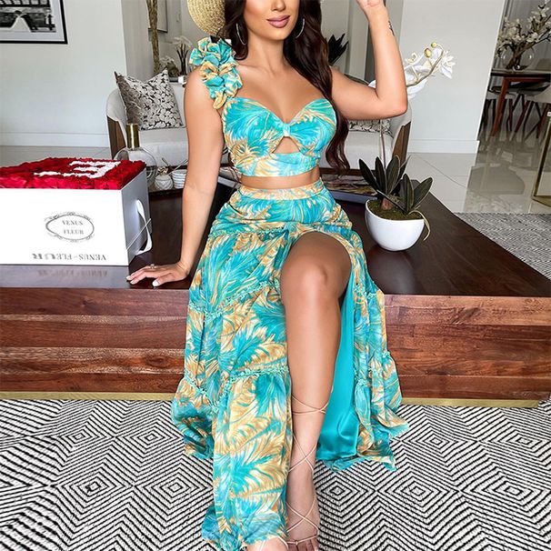 Women's summer new printed one-shoulder sleeve two-piece sexy Skirt Suits_ipsvogv.com