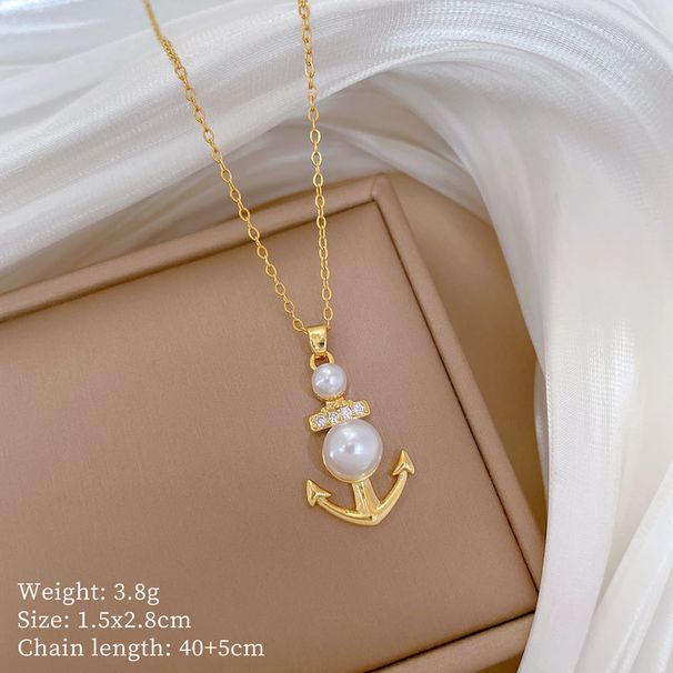 Titanium Steel 【 】 Pearl Ship Anchor Light Luxury Temperament Gorgeous Full Diamond Necklace Women's Versatile 【 】_ipsvogv.com