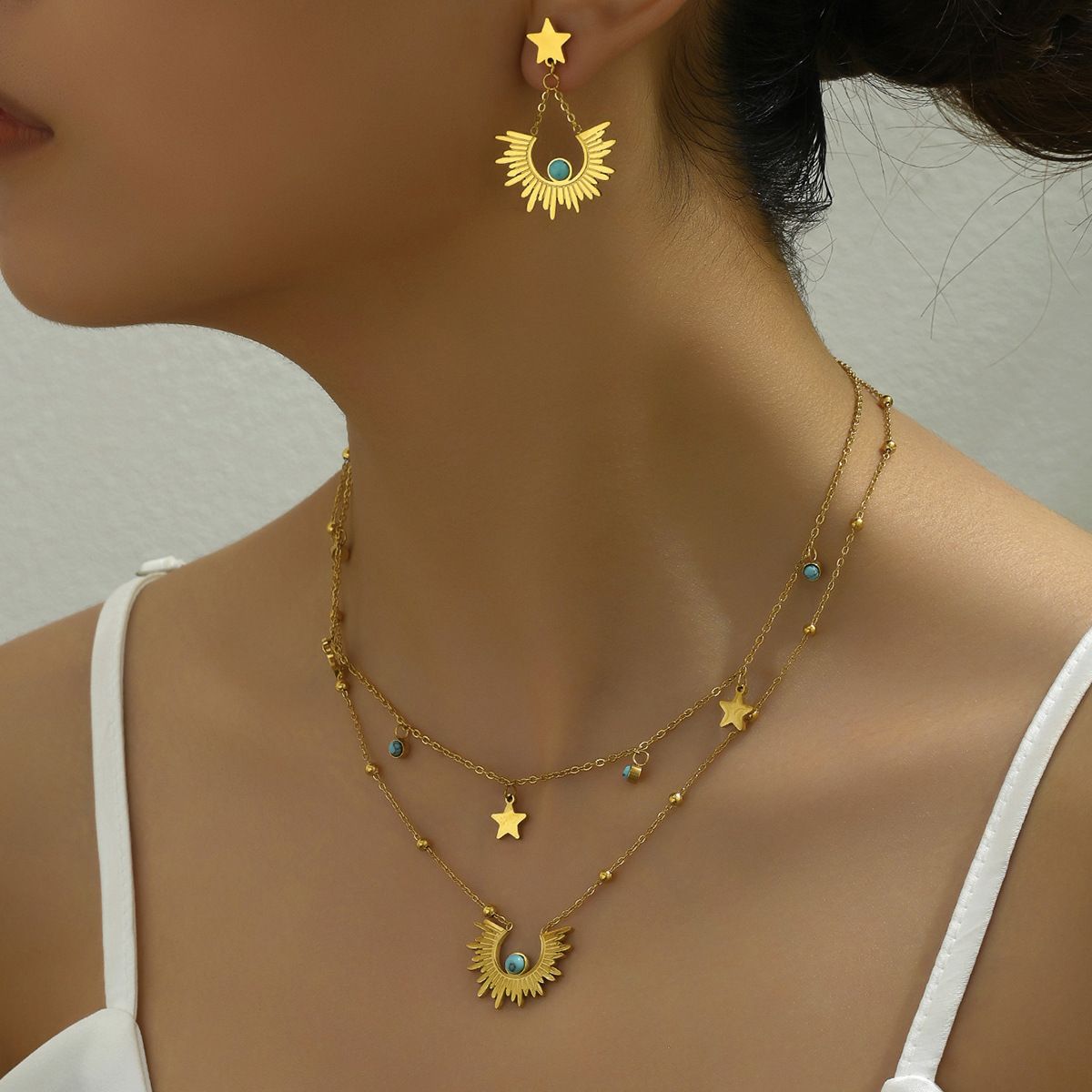 New fashion trend earrings, collarbone chain, women's set, niche inlaid turquoise design, ear buckle necklace, headwear_ipsvogv.com