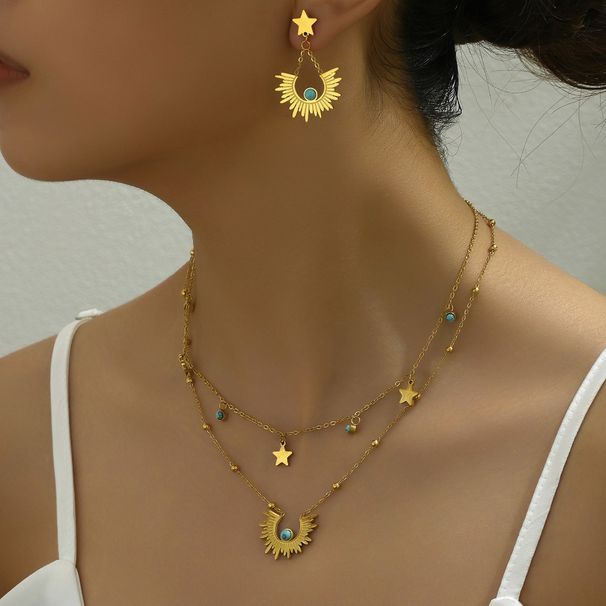 New fashion trend earrings, collarbone chain, women's set, niche inlaid turquoise design, ear buckle necklace, headwear_ipsvogv.com