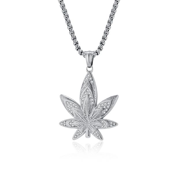 HIPHOP jewelry titanium steel plated K gold diamond maple leaf pendant necklace autumn and winter niche sweater chain_ipsvogv.com
