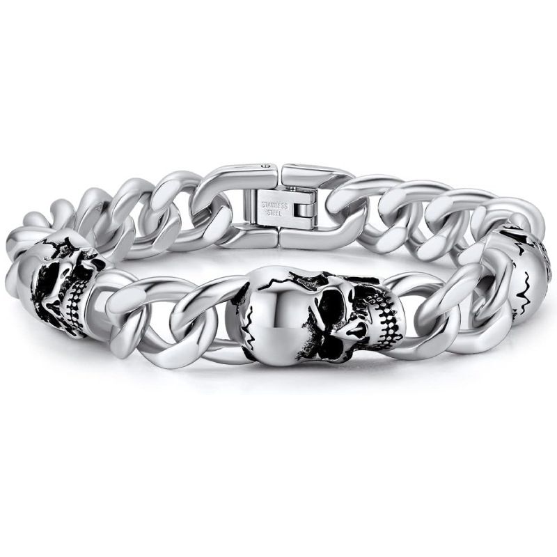 Qiaojin Trendy Personality Titanium Men's Cuban Chain Street Hip-Hop Skull Stainless Steel Bracelet_ipsvogv.com