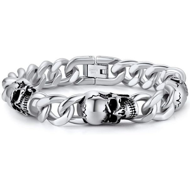 Qiaojin Trendy Personality Titanium Men's Cuban Chain Street Hip-Hop Skull Stainless Steel Bracelet_ipsvogv.com
