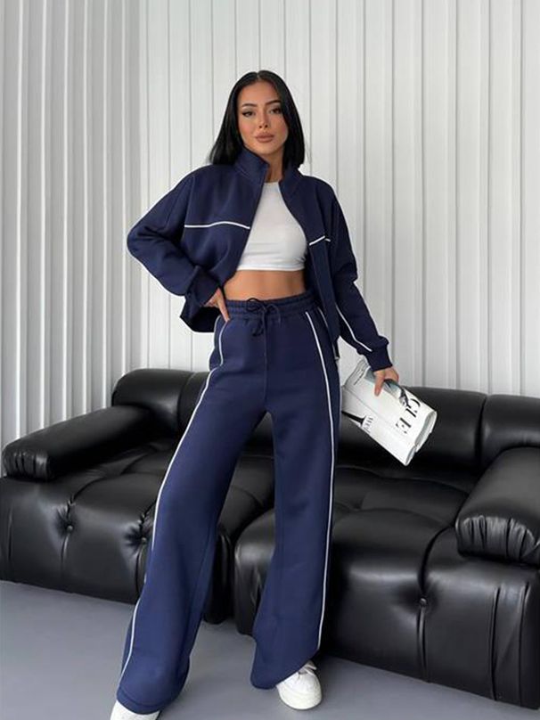 Women's Clothing leisure suit long sleeved half high collar cardigan sweater lace up striped trousers_ipsvogv.com