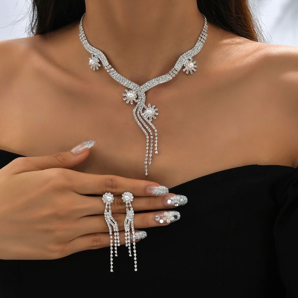 Pearl & Water Diamond Necklace & Earrings Set - Tassel Design Bridal Jewelry For Women, Elegant Wedding Party Set_ipsvogv.com