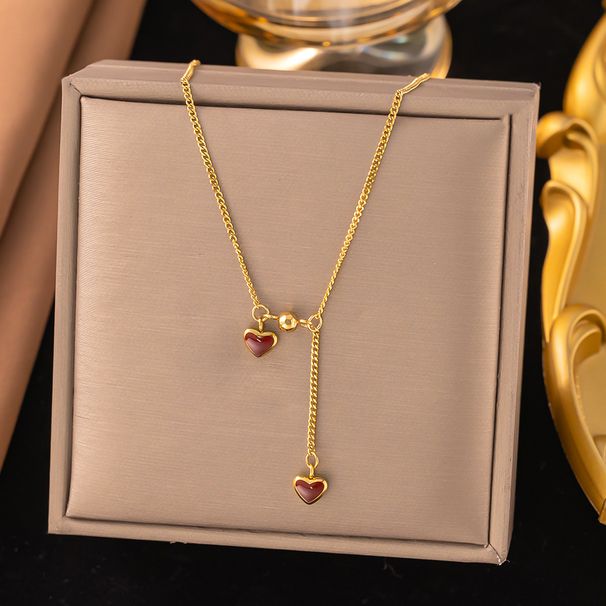 New French Style Niche Wine Red Double Heart Titanium Steel Versatile Heart-shaped Pendant Autumn And Winter Pull-out_ipsvogv.com