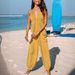 Women's Clothing deep V halterneck sleeveless pleated pocket back tie wide leg cuff long jumpsuit_ipsvogv.com
