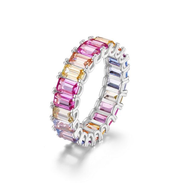 Rainbow zircon ring female S925 silver single row inlaid colored gemstone ring light luxury fashion_ipsvogv.com