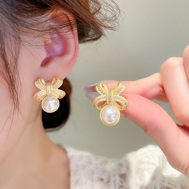Cao Shi's French Medieval Bow Elegant Flower Season Pearl Earrings, Small Fragrant Earrings_ipsvogv.com