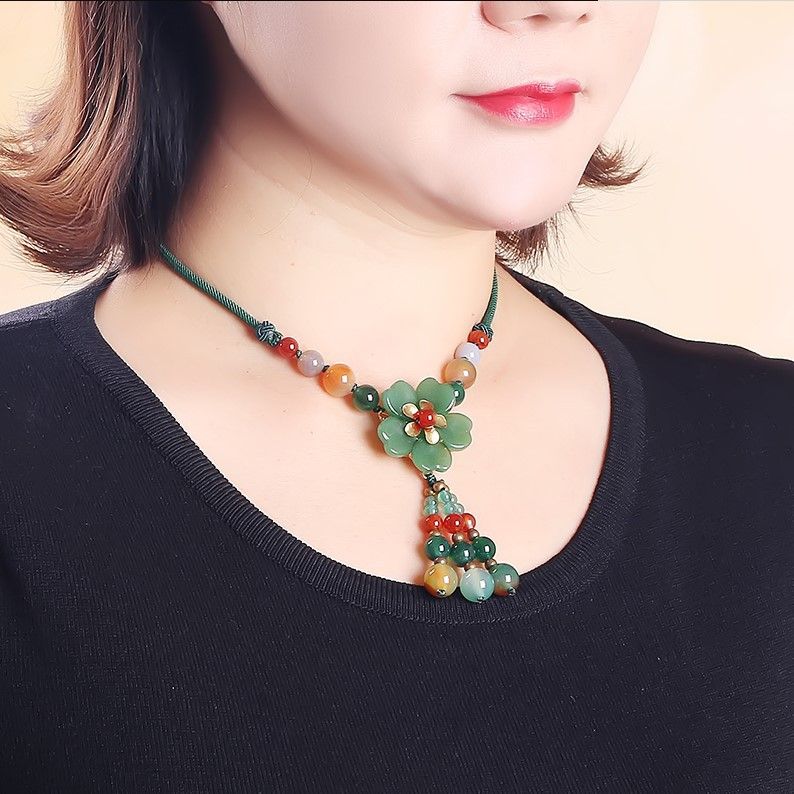 Flower Collarbone Chain Jewelry, Green Agate Short And Versatile, Antique Glass Necklace, Women's Style, Ethnic Style_ipsvogv.com