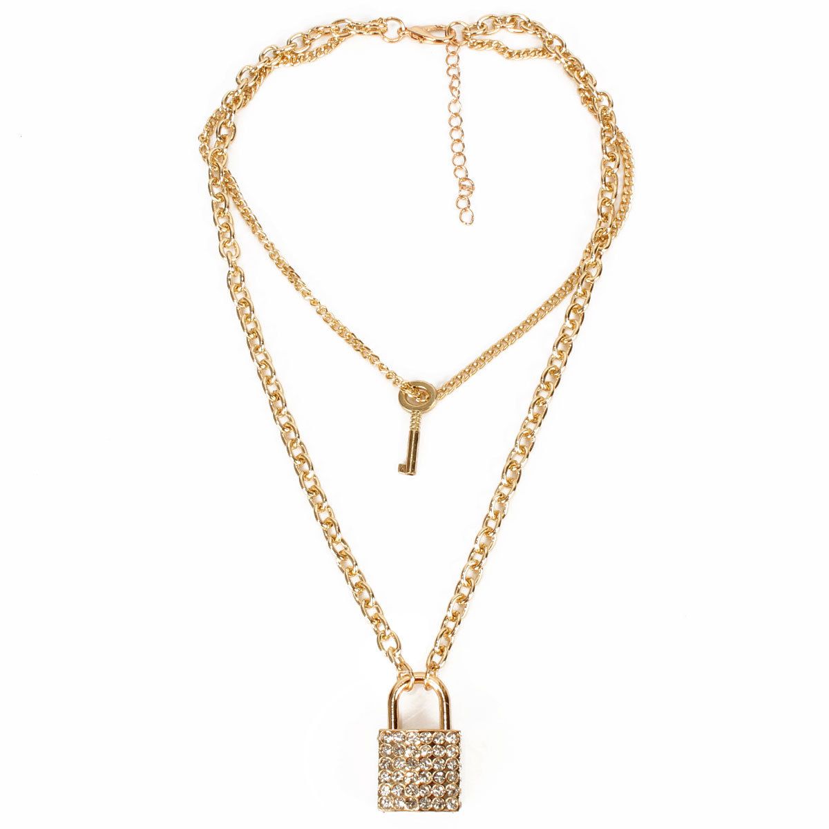 Jewelry Creative Gold Diamond Set Key Lock Pendant Double layer Necklace for Women 12850_ipsvogv.com