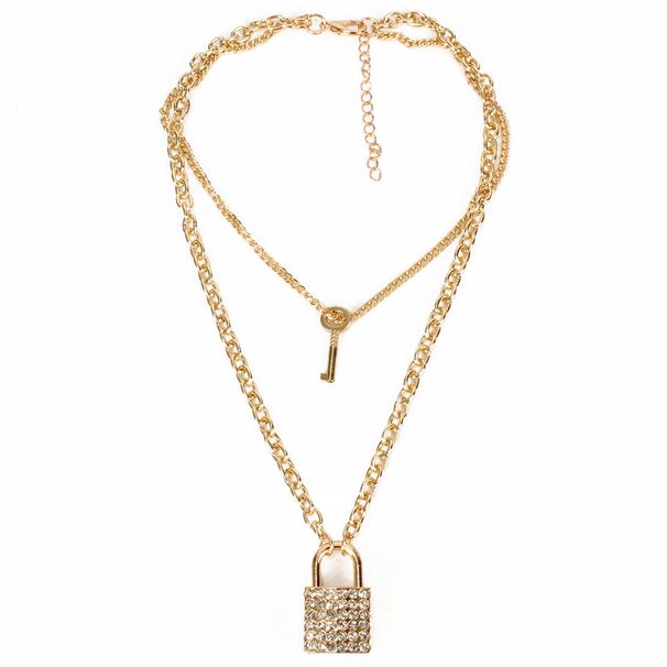 Jewelry Creative Gold Diamond Set Key Lock Pendant Double layer Necklace for Women 12850_ipsvogv.com