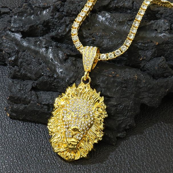Diamond Studded 3D Lion Head Pendant, Single Row Diamond Tennis Necklace, Hip-hop Rapper Trampoline Collarbone Chain,_ipsvogv.com