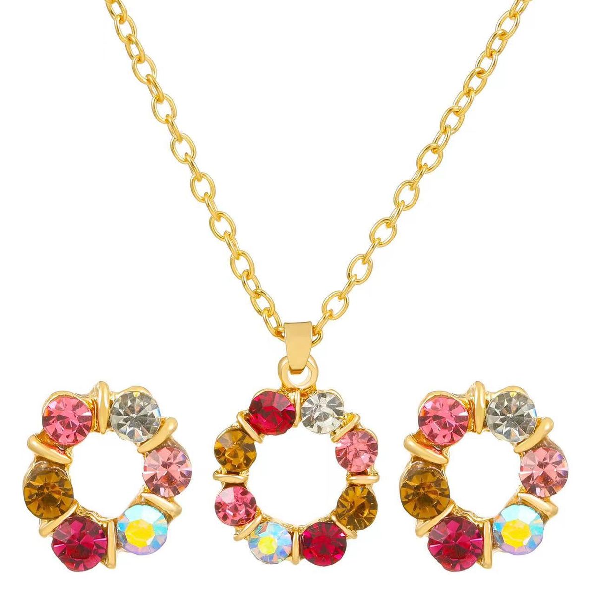Colored diamond jewelry set for women Fashionable personality temperament hollow round pendant necklace earrings bracelet_ipsvogv.com