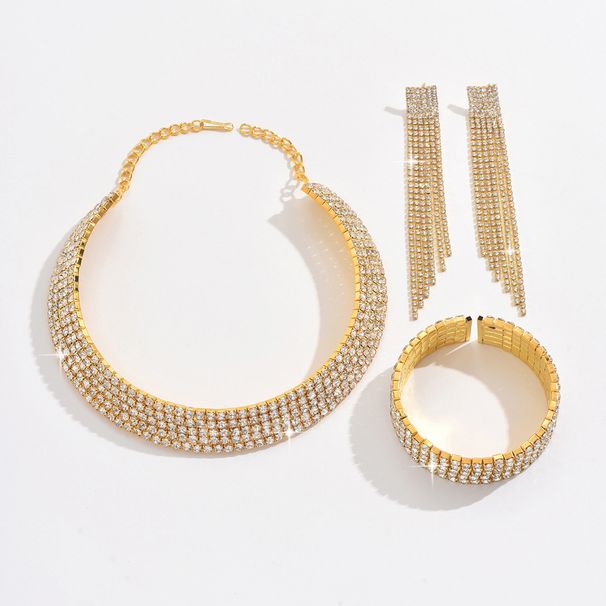 2024 Fashionable Luxurious Full Diamond Shiny Rhinestone Collar Necklace Bracelet Tassel Earrings Set Bridal Accessories_ipsvogv.com